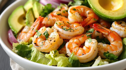 Close up of shrimp salad with avocado and red onion in a white bowl ready to be eaten