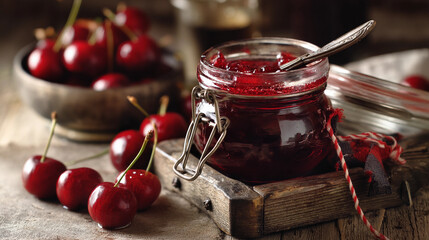 Tangy sour cherry preserve in vintage jar offers nostalgic flavor burst with handcrafted gourmet excellence.