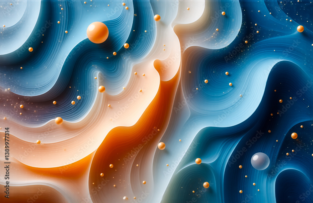 Leinwandbilder Abstract flowing background with swirling blue, white, and orange hues.  Small golden spheres are scattered across the smooth, fluid design creating a dynamic and artistic feel.