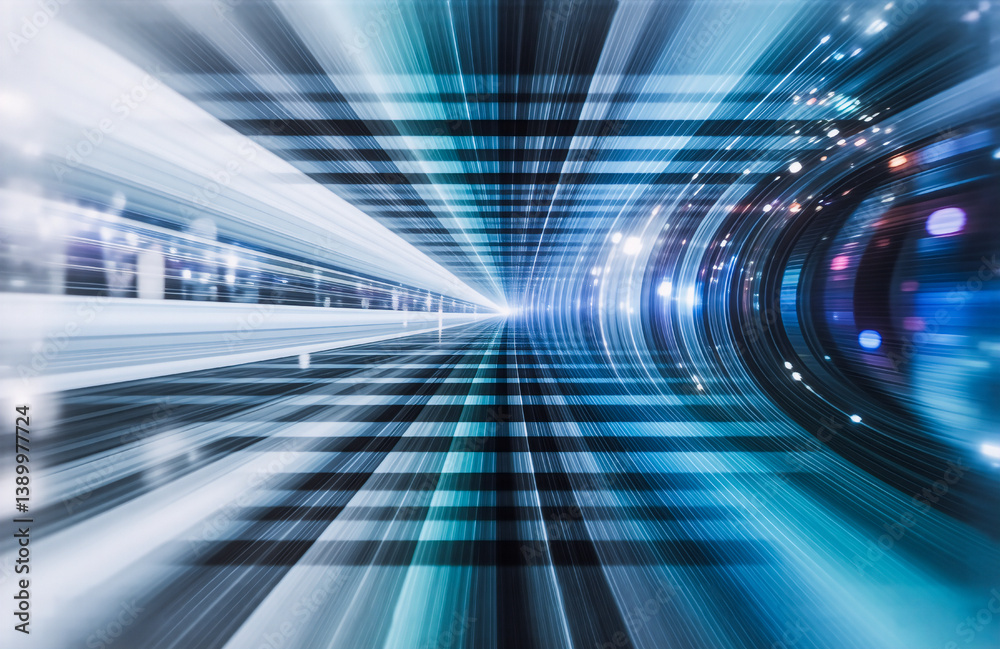 Aufkleber abstract futuristic tunnel with bright light at the end. blue and white lights create a sense of spe