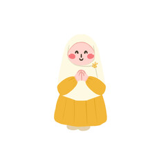 Fototapeta premium Smiling Girl in Yellow Dress and Cream Hijab, Hands in Prayer