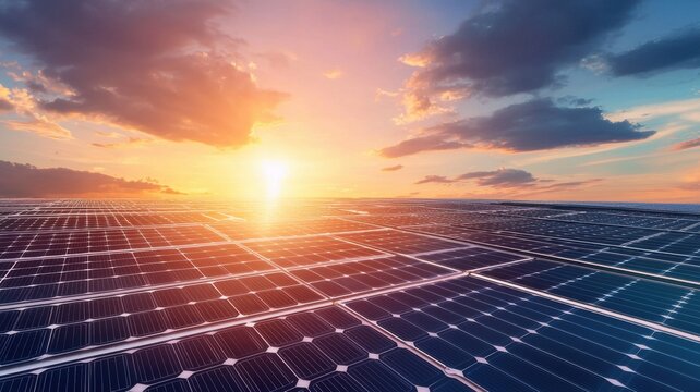 A vast solar panel field illuminated by a stunning sunset, showcasing renewable energy's potential in a serene landscape.