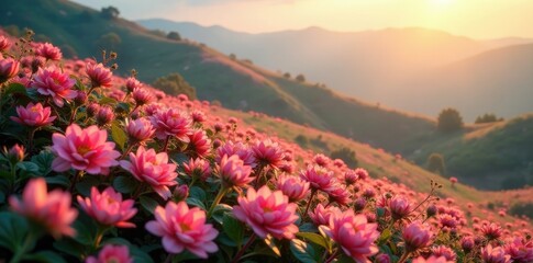 Obraz premium Softly glowing pink blooms illuminate a rolling hillside of potatoes, colors, blossoms