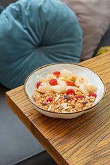 A fresh and delicious breakfast of cheesecakes and porridge
