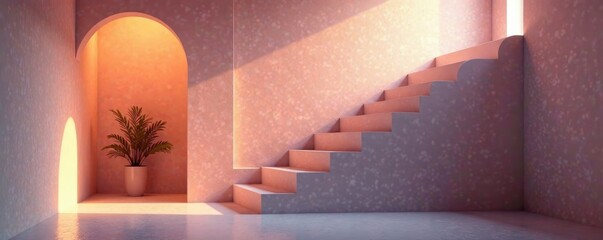 Softly lit stairs in a peaceful and calming environment, peaceful space, soothing