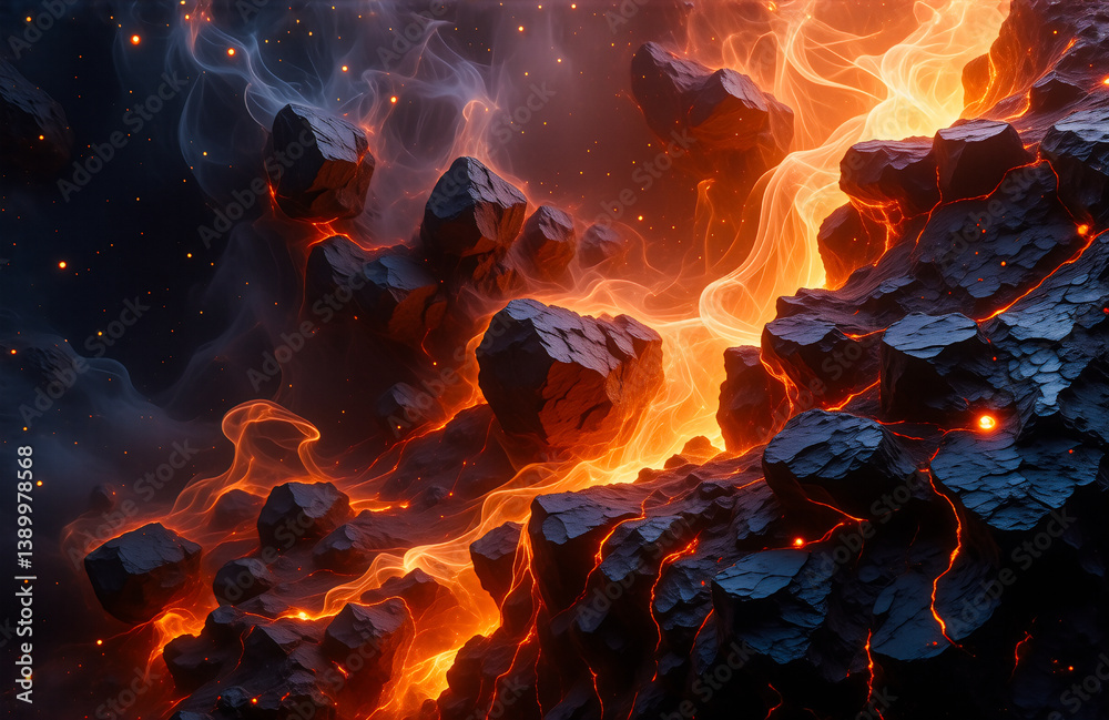 Aufkleber Fiery magma flows around jagged dark rocks, creating a dramatic landscape filled with intense heat and glowing light.