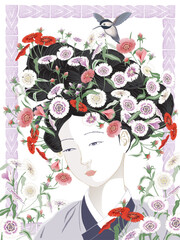 만개한 패랭이 꽃으로 머리를 장식한 한국 조선시대의 미인의 초상. 벡터 일러스트레이션