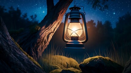 Colonial Lantern Glowing in the Darkness with Stars Above, Symbolizing the Enduring Hope and Sacrifice of Revolutionary Patriots
