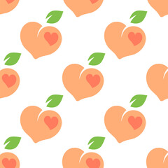 Seamless pattern with cute peaches on a white background for Valentines Day. Heart shaped peaches background in flat cartoon style. Cute pattern with peach hearts for a wrapping paper, textiles.