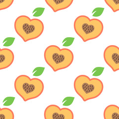 Seamless pattern with cute peaches hearts on a white background for Valentines Day. Peach halves with heart shaped pit in cartoon style. Vector pattern for a wrapping paper, textile prints, wallpaper