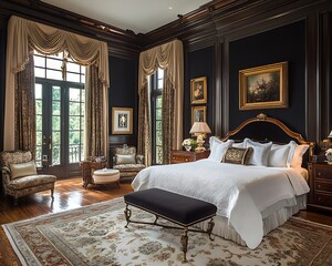 A luxurious master bedroom featuring elegant interior design elements