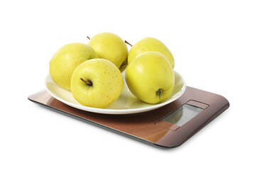 Modern electronic kitchen scale with apples isolated on white