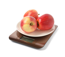 Modern electronic kitchen scale with apples isolated on white