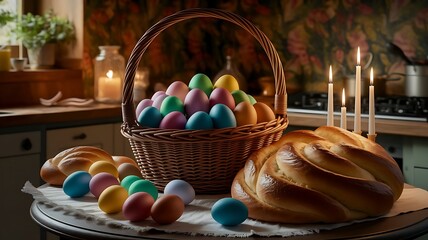 Traditional Orthodox Easter Basket Filled with Colored Eggs, Pascha Bread, and Candles, Representing Resurrection and New Life in Christ