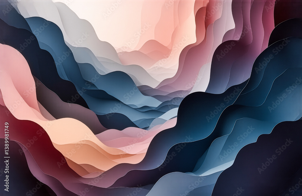 Poster abstract image features layered waves in peach, pink, and blue hues. soft, flowing forms and calming