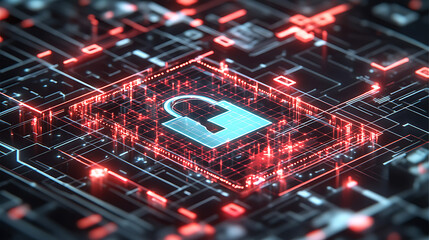 Abstract Digital Lock on Circuit Board, Red and Blue Technology Background