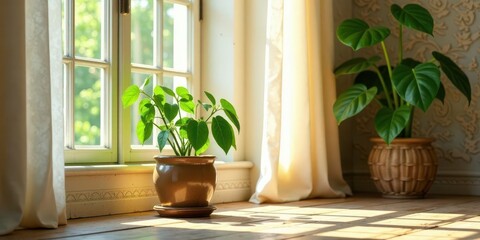 Sunlit Windowsill with Vibrant Indoor Plants in Earthy Pots, Basking in the Warm Glow of Morning Sunlight