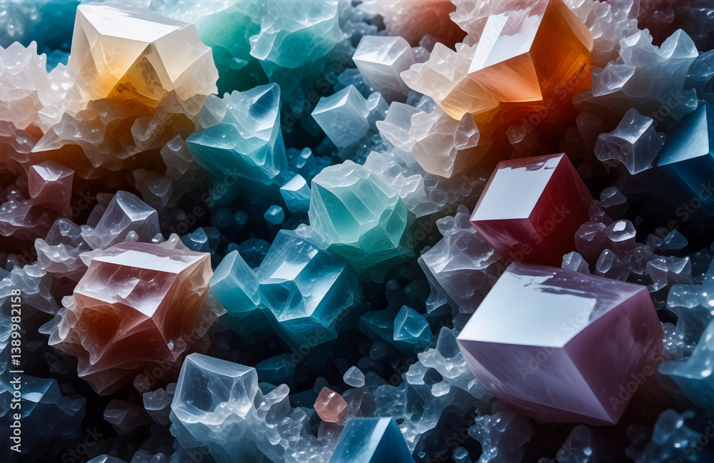 Poster a cluster of multicolored crystals in blue, orange, and white hues creates a textured and vibrant di