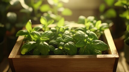 Fresh basil seedlings in a wooden planter box. Sunlight filters through the plants