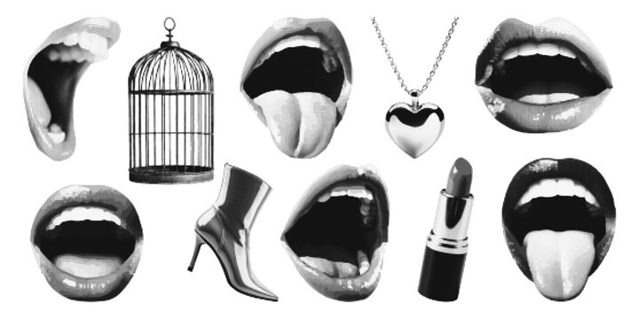 Pop art female character elements cage, mouth, heel, lipstick, heart pendant for halftone collage art. Grunge black and white open mouth with tongue. Vector.