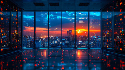 Fototapeta premium Futuristic Office Data Center with Cityscape View at Sunset, High-Tech Network Servers, Digital Connectivity, Modern Technology Concept, Bright Skyline, Computer Science, Business Innovation