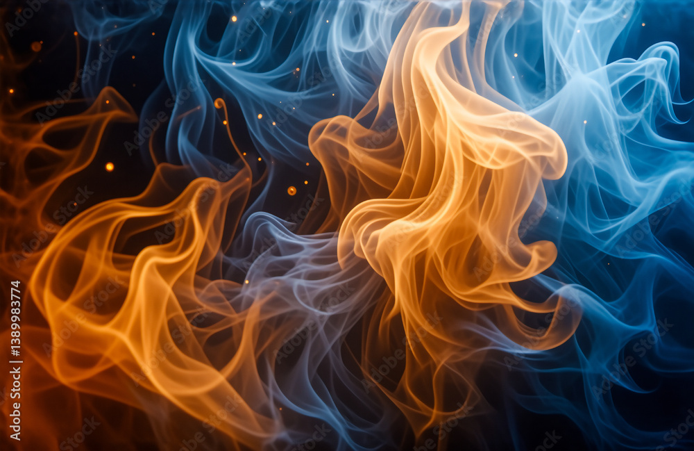 Aufkleber abstract image featuring dynamic, wispy forms in vibrant orange and cool blue hues, set against a da