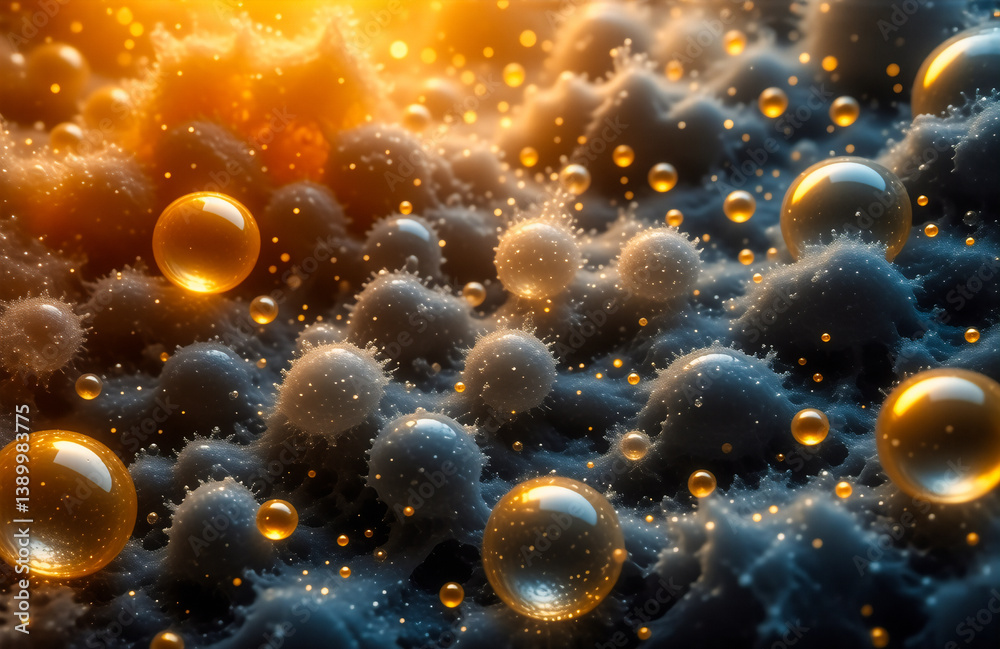 Fototapete Golden spheres float above a textured, dark surface illuminated by a warm glow, creating an abstract and organic visual.