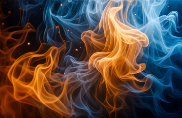 Abstract image featuring dynamic, wispy forms in vibrant orange and cool blue hues, set against a dark backdrop, creating a visually striking contrast.