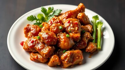 Fototapeta premium Glazed Sweet and Sour Chicken with Fresh Herbs and Celery Sticks
