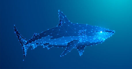A luminous wireframe shark rendered in electric blue polygons, evoking marine power and futuristic design. Perfect for tech, ocean-inspired visuals, or abstract creative concepts. Vector illustration