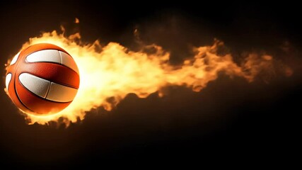 White volleyball ball burning in flames on a blurred sparkling black background on fire flying, space concepts sport for copy perfect for text video 4k