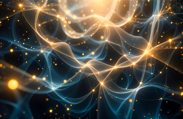 Fototapeta premium Abstract glowing network with blue and orange lines and dots on a dark background, resembling connections and energy flow.