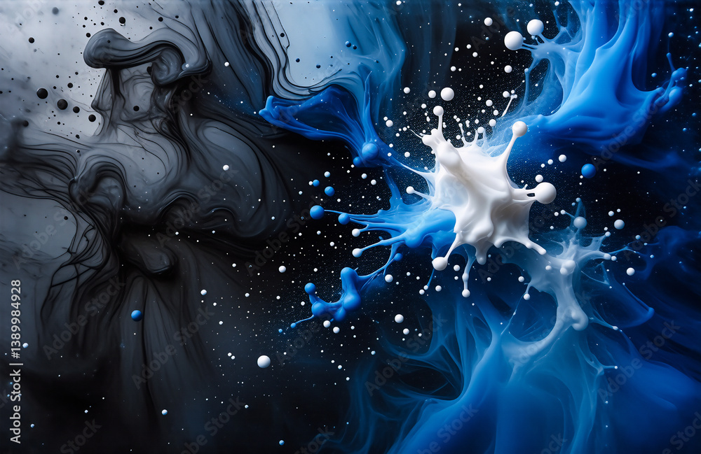 Aufkleber White liquid splash in dark swirling blue and gray abstract background. Dynamic contrast and fluid motion captured.