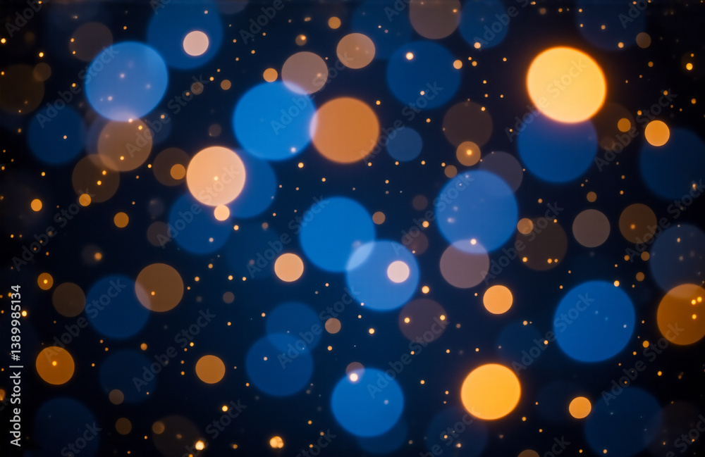 Fototapete Abstract background featuring defocused bokeh lights in blue and orange hues.  Soft circles create a dreamy, festive and elegant atmosphere against a dark backdrop.