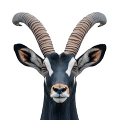 Fototapeta premium Close-up Portrait of a Beautiful Goat with Unique Spiral Horns on white background