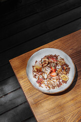 A fresh and delicious breakfast of cheesecakes and porridge