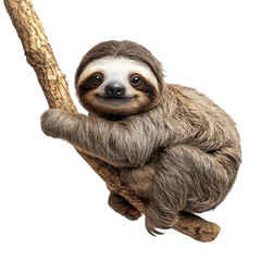 Cute Sloth Relaxing on Tree Branch in a Lush Green Environment on white background