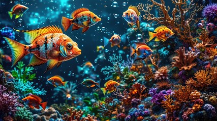 Fototapeta premium Fish images, fish in the aquarium, Lots of colorful fishes swimming in the water 