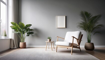 Empty Light Gray Wall Mockup in Scandinavian Interior with Lounge Chair and a Simple White Pot with Greenery. Natural Daylight From a Window. Promotion Background.
