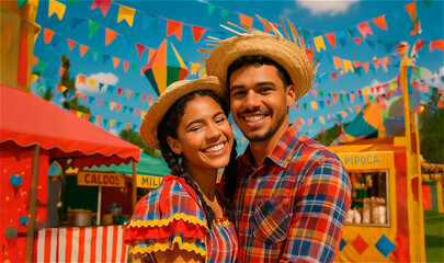 Casal feliz posa em frente a barracas na festa junina