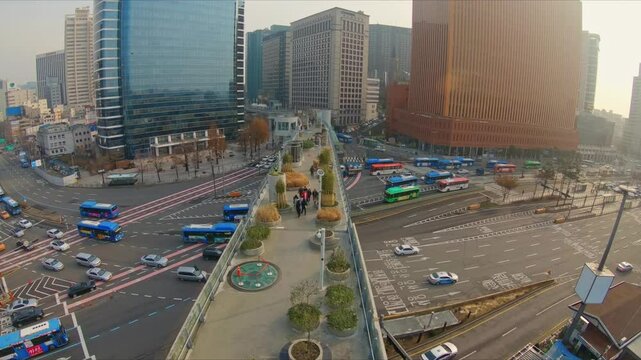 Traffic in Seoul, Seoullo 7017 , Plant Village - Great for time lapse or slow-motion - aerial drone video 4k