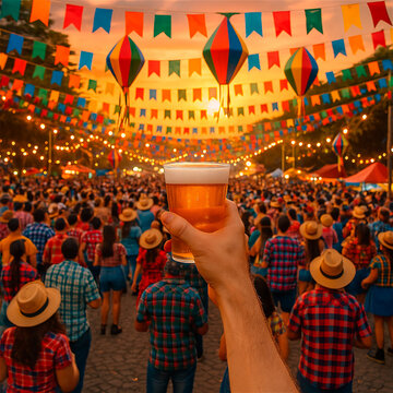 M&atilde;o ergue copo de cerveja sobre multid&atilde;o em festa junina