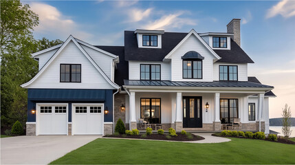 Obraz premium Modern farmhouse with black trim and lush green lawn exhibiting timeless elegance