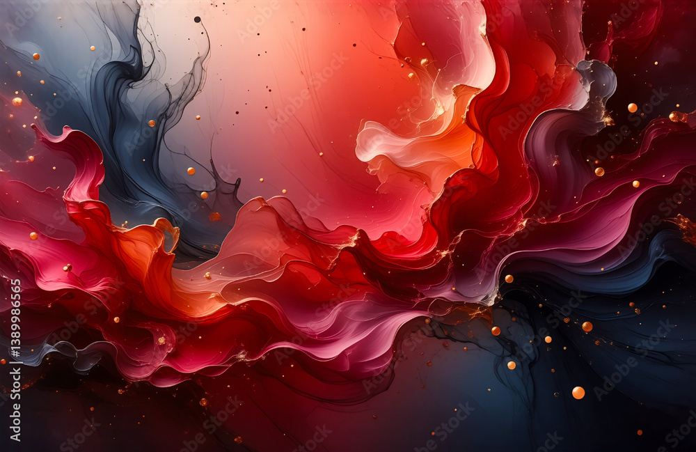 Leinwandbilder dramatic swirling abstract art with fiery red and dark gray hues intermingle, accented by golden spe