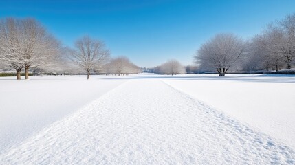 Snow-covered Path Winter Trees Serene Landscape High-resolution Vivid Lighting Wide Angle Perspective Untouched Surface Peaceful Scene Blue Sky Background Crisp White Mood Ideal for Calendar Designs