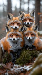 Obraz premium Wild red foxes sitting on mossy ground high resolution picture