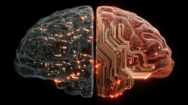 Human brain and AI circuit illustrating conscious algorithm design with bias flags removed