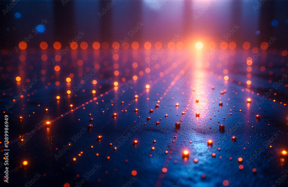 Poster Abstract grid of glowing orange points on a blue surface, converging towards a brighter light source in a futuristic and technological style.