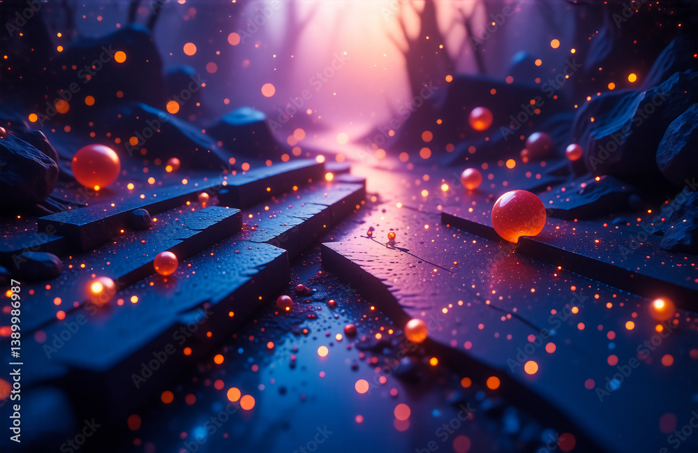 Poster enchanted dark forest scene with glowing orange orbs scattered around. a mystical stream flows throu