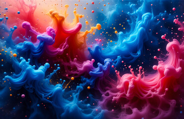 Vibrant abstract art featuring dynamic splashes of vivid blue, red, pink and orange hues.  The fluid motion creates a captivating and colorful explosion of paint or ink.